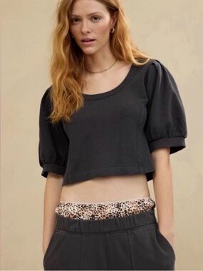 Aerie Seams Right Short Sleeve Sweatshirt Charcoal Puff Sleeve Crop Ribbed L NWT